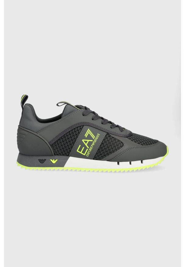 EA7 Emporio Armani sneakersy kolor szary. Nosek buta: okrągły. Zapięcie: sznurówki. Kolor: szary. Materiał: guma. Obcas: na platformie