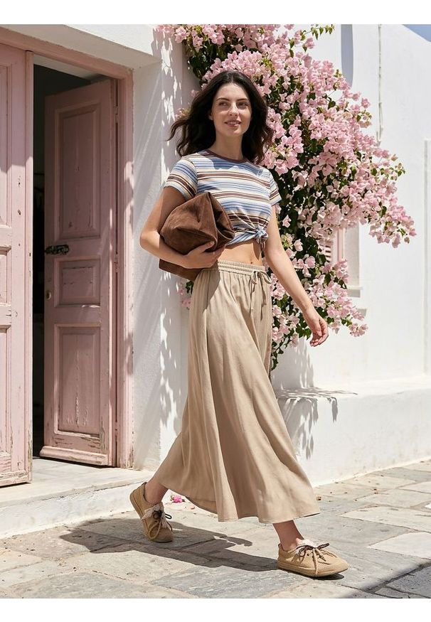 Sinsay - Jednolita spódnica midi - beżowy. Kolor: beżowy. Wzór: jednolity