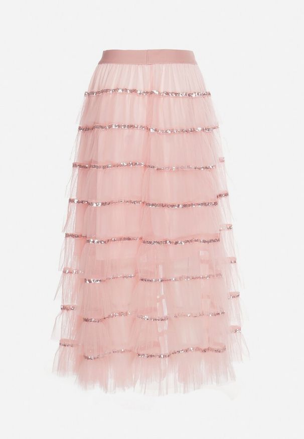 Born2be - Różowa Spódnica Maxi o Rozkloszowanym Fasonie Ozdobiona Falbankami i Cekinami Meepa. Kolor: różowy. Materiał: materiał. Wzór: aplikacja