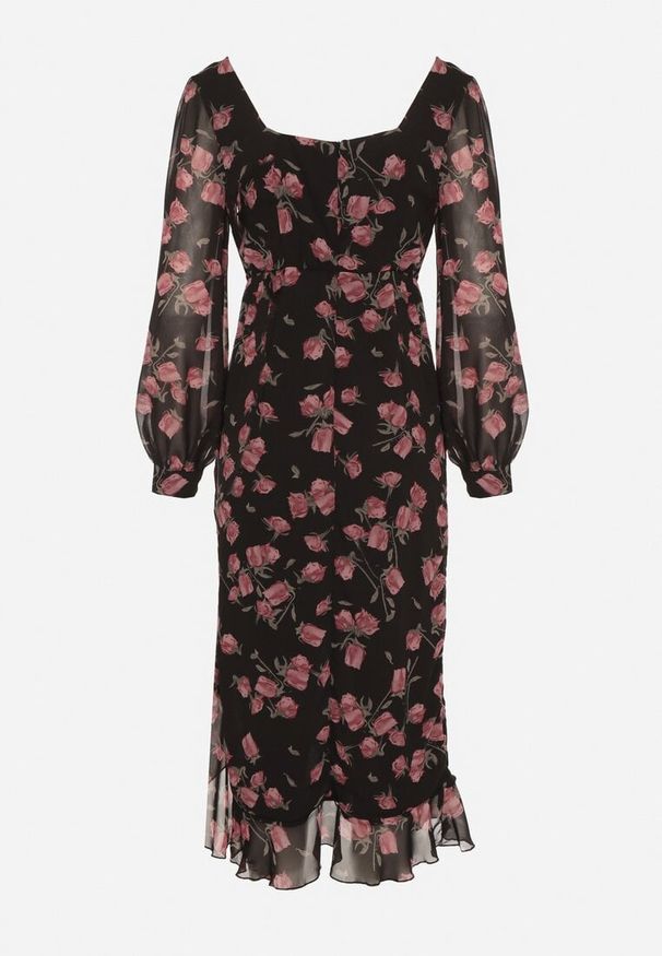 Born2be - Czarno-Różowa Taliowana Sukienka VICES z Falbankami i Bufiastymi Rękawami Aruvita. Okazja: na wesele, na ślub cywilny. Typ kołnierza: kołnierz z falbankami. Kolor: czarny. Materiał: lakier. Typ sukienki: oversize. Styl: klasyczny