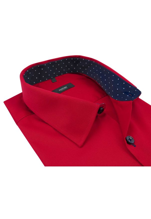 Mmer / Villaro - Koszule męskie - Czerwona koszula męska z granatowymi kontrastami 404N. Typ kołnierza: kołnierzyk klasyczny. Kolor: wielokolorowy, czerwony, niebieski. Materiał: bawełna, elastan, tkanina. Długość: długie. Wzór: kropki. Styl: klasyczny