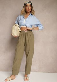 Renee - Ciemnozielone Spodnie z Bawełny High Waist Sonirea. Okazja: na co dzień. Stan: podwyższony. Kolor: zielony. Materiał: bawełna. Styl: casual