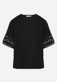 Born2be - Czarny T-shirt z Bawełny Ozdobiony Ażurowym Wzorem Valreia. Okazja: na co dzień. Kolor: czarny. Materiał: bawełna. Wzór: aplikacja, ażurowy. Styl: casual #3
