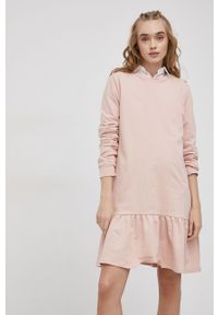 only - Only Sukienka kolor różowy mini rozkloszowana. Kolor: różowy. Materiał: bawełna, dzianina. Długość rękawa: długi rękaw. Wzór: gładki. Typ sukienki: rozkloszowane. Długość: mini #2