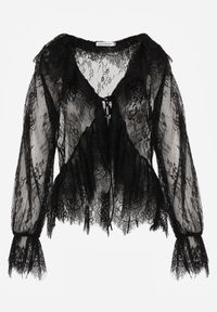Born2be - Czarna Bawełniana Bluzka z Transparentnej Koronki z Falbankami w Stylu Boho Palamna. Okazja: na co dzień. Typ kołnierza: kołnierz z falbankami. Kolor: czarny. Materiał: bawełna, koronka. Długość: długie. Wzór: koronka. Styl: boho #4