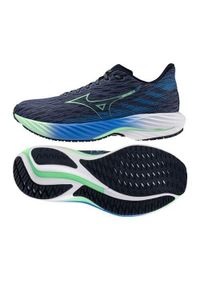 Buty do biegania męskie Mizuno Wave Rider 28. Zapięcie: sznurówki. Kolor: niebieski. Materiał: materiał, syntetyk, tkanina. Szerokość cholewki: normalna. Model: Mizuno Wave