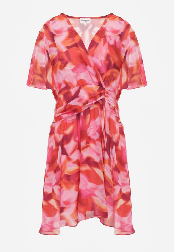 Born2be - Różowa Sukienka w Abstrakcyjny Wzór z Marszczeniem Aniles. Okazja: na co dzień. Kolor: różowy. Materiał: jeans, poliester. Typ sukienki: proste. Styl: elegancki, casual