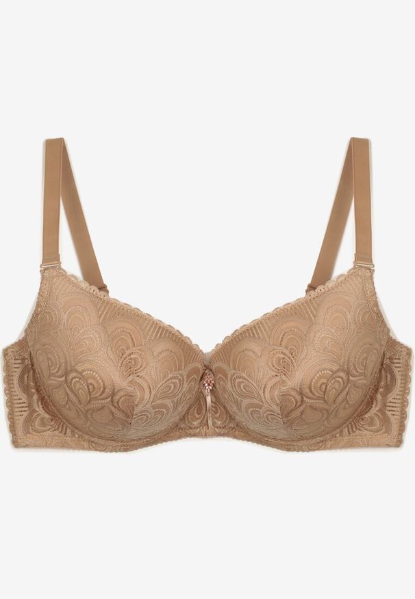 Renee - Beżowy Biustonosz Full Cup z Koronki Ozdobiony Cyrkoniową Zawieszką Eanessa. Kolor: beżowy. Materiał: koronka. Wzór: aplikacja, koronka