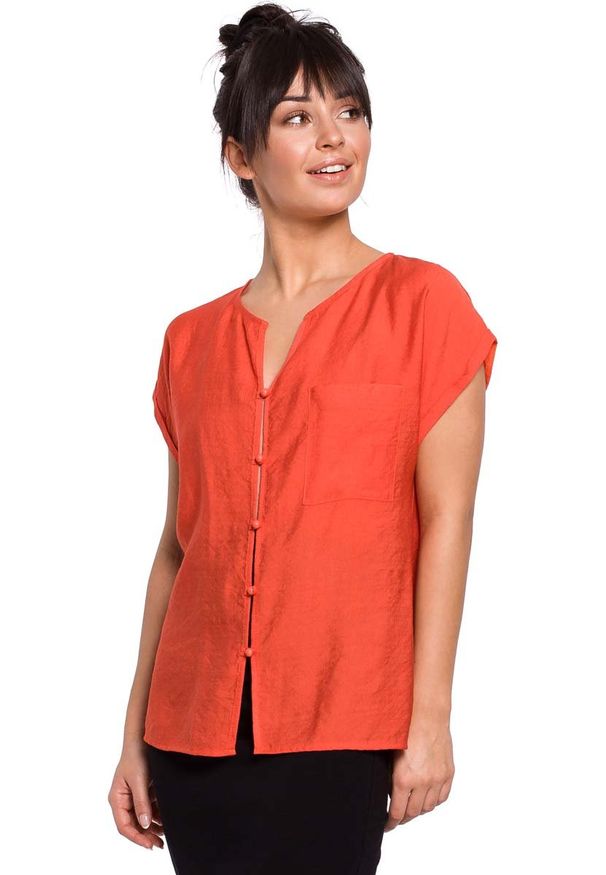 MOE - Pomarańczowa Elegancka Bluzka Zapinana na Guziki. Kolor: pomarańczowy. Materiał: wiskoza, poliamid. Styl: elegancki