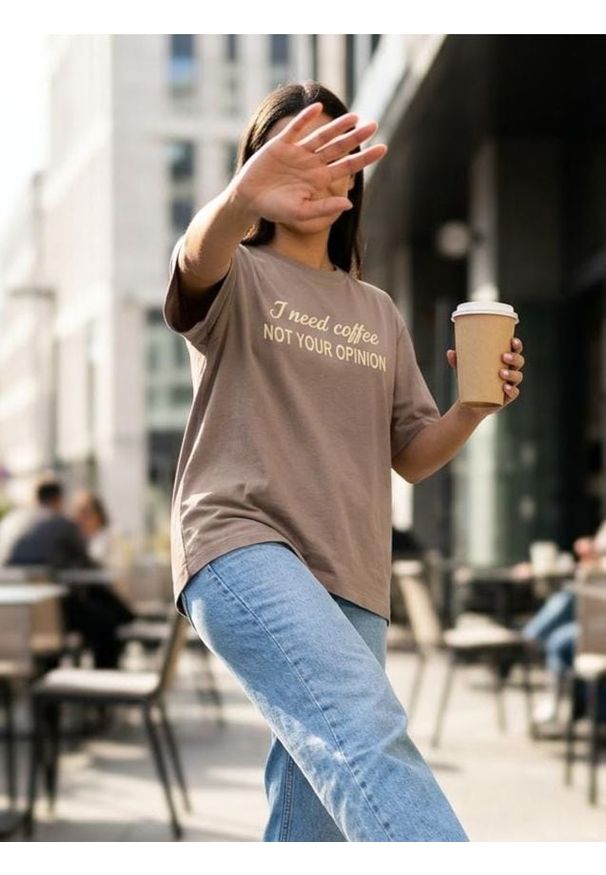 Sinsay - Bawełniana koszulka z napisem - brązowy. Kolor: brązowy. Materiał: bawełna. Wzór: napisy