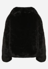 Born2be - Czarna Jednorzędowa Kurtka Futerko z Szerokim Kołnierzem Conellia. Okazja: na co dzień. Kolor: czarny. Materiał: futro. Styl: casual, elegancki #3