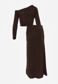 Born2be - Brązowy Marszczony Komplet z Kwiatowymi Aplikacjami Bluzka i Spódnica Bervisse. Kolor: brązowy. Wzór: aplikacja, kwiaty #6