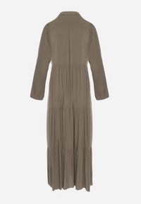 Born2be - Ciemnozielona Rozkloszowana Sukienka Maxi z Bawełny w Koszulowym Stylu Onecca. Okazja: na co dzień. Kolor: zielony. Materiał: bawełna. Wzór: aplikacja. Typ sukienki: koszulowe. Styl: casual. Długość: maxi #2