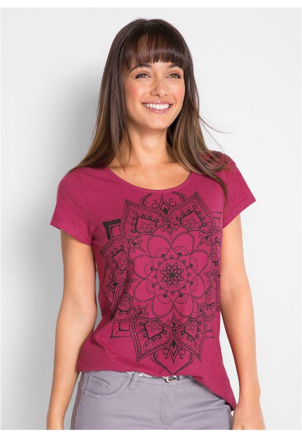 bonprix - Shirt z przędzy mieszankowej, krótki rękaw. Kolor: różowy. Długość rękawa: krótki rękaw. Długość: krótkie. Wzór: nadruk