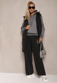 Renee - Czarne Spodnie Dzianinowe o Szerokim Kroju High Waist z Gumką w Pasie i Sznurkiem Creitta. Okazja: na co dzień. Stan: podwyższony. Kolor: czarny. Materiał: dzianina. Styl: casual