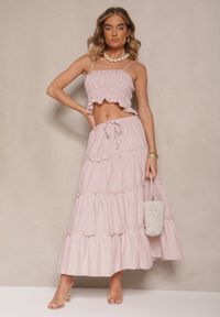 Renee - Beżowy Komplet z Bawełny w Kratkę Vichy Top i Spódnica z Falbankami Frosirae. Kolor: beżowy. Materiał: bawełna. Wzór: kratka