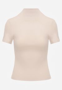 Renee - Jasnobeżowy Wiskozowy T-shirt o Dopasowanym Kroju z Golfem Isomina. Okazja: na imprezę, na co dzień. Typ kołnierza: golf. Kolor: beżowy. Materiał: wiskoza. Styl: casual #2
