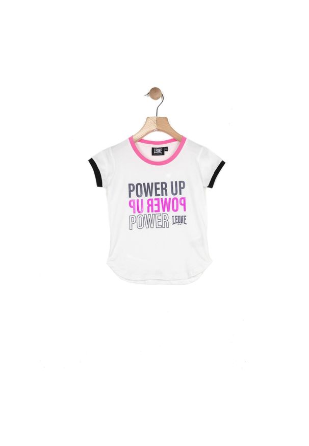 LEONE 1947 APPAREL - Dziewczęcy T-shirt z krótkim rękawem Power Up i kontrastowymi krawędziami. Kolor: biały. Długość rękawa: krótki rękaw. Długość: krótkie. Sport: joga i pilates