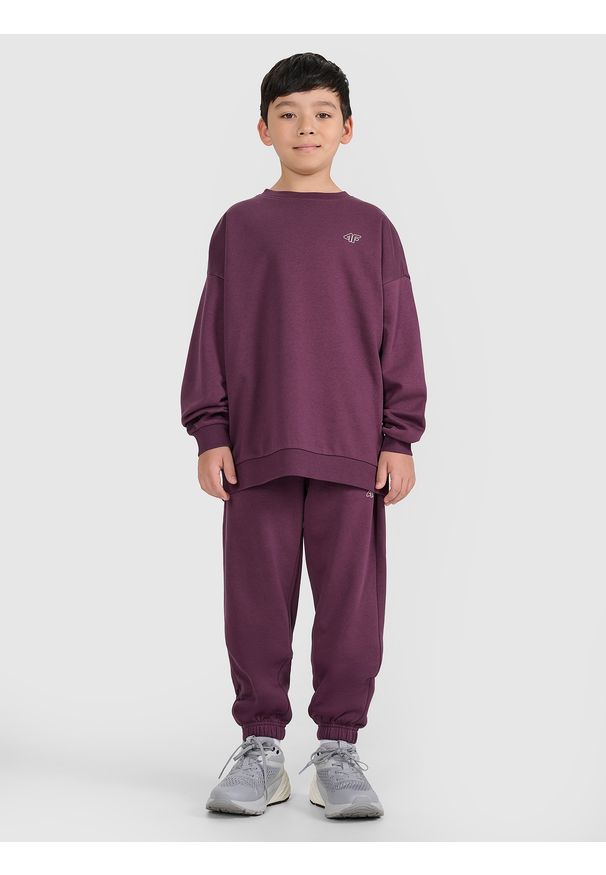 4f - 4F Komplet dresowy dziecięcy - fioletowy 134/140 (8-10 lat). Okazja: na co dzień. Typ kołnierza: bez kaptura. Kolor: fioletowy. Materiał: dresówka. Długość: długie. Wzór: gładki, ze splotem. Sezon: lato. Styl: młodzieżowy, klasyczny, casual, sportowy