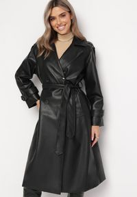 Born2be - Czarny Dwurzędowy Płaszcz Wiązany w Pasie z Kieszeniami Asella. Okazja: na co dzień. Kolor: czarny. Materiał: jeans. Styl: klasyczny, casual, elegancki #5