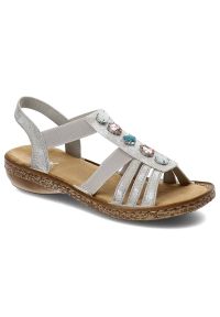 Srebrne Sandały Rieker Eleganckie Buty Damskie. Zapięcie: bez zapięcia. Kolor: srebrny. Materiał: skóra ekologiczna, materiał. Wzór: aplikacja. Obcas: na obcasie. Styl: elegancki. Wysokość obcasa: niski #1