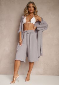 Renee - Szare Spodnie Kuloty z Bawełną High Waist Azetia. Okazja: na co dzień. Stan: podwyższony. Kolor: szary. Materiał: bawełna. Sezon: lato, wiosna. Styl: sportowy, elegancki, casual