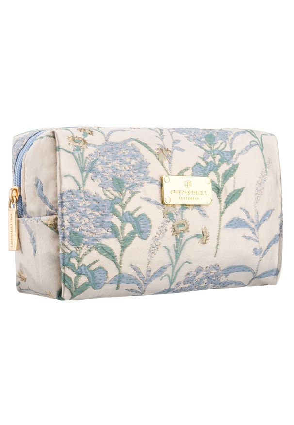 Kosmetyczka z poliestru w błękitnym kolorze, jednokomorowa i ozdobiona kwiatowym wzorem - Peterson. Kolor: niebieski. Materiał: poliester. Wzór: aplikacja, kwiaty