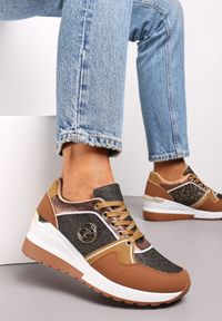 Renee - Brązowe Sneakersy Sznurowane Ozdobione Brokatem na Koturnie Eminalla. Kolor: brązowy. Wzór: aplikacja. Obcas: na koturnie #1