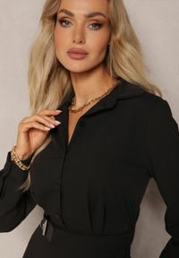 Renee - Czarna Koszulowa Sukienka Utility z Plisowaną Asymetryczną Spódnicą z Paskiem Mussoria. Kolor: czarny. Typ sukienki: asymetryczne, koszulowe #5