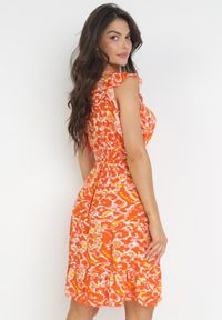 Born2be - Pomarańczowa Sukienka z Wiskozy i Gumką w Talii Azreve. Kolor: pomarańczowy. Materiał: wiskoza. Długość rękawa: bez rękawów. Wzór: nadruk, kwiaty. Długość: mini #2