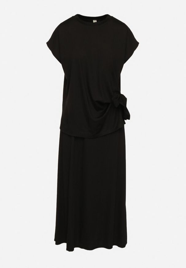 Born2be - Czarny Komplet z Wiskozą Spódnica i Bluzka z Wiązaniem Davissael. Kolor: czarny. Materiał: wiskoza