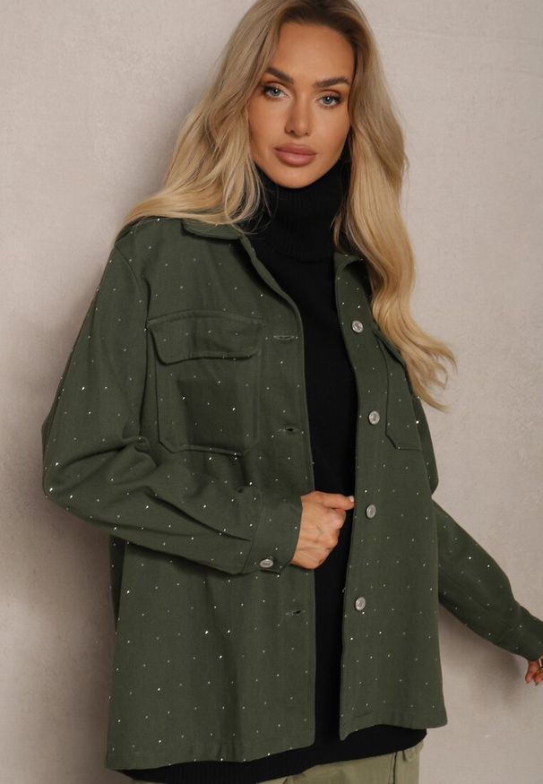 Renee - Zielona Koszula z Bawełny na Guziki z Cyrkoniami Nerellia. Kolor: zielony. Materiał: bawełna. Długość rękawa: długi rękaw. Długość: długie. Wzór: aplikacja. Styl: klasyczny, elegancki