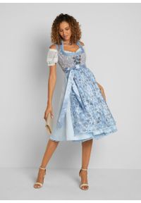 Sukienka w ludowym stylu w żakardowy deseń, z haftowanym fartuchem bonprix pudrowy niebieski wzorzysty. Kolor: fioletowy. Materiał: żakard. Wzór: haft #6