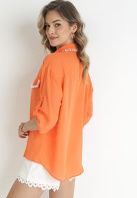 Born2be - Pomarańczowa Koszula z Podpinanymi Rękawami i Perełkami Dorval. Kolor: pomarańczowy. Materiał: materiał. Długość rękawa: długi rękaw. Długość: długie. Wzór: gładki #2