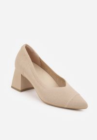 Renee - Ciemnobeżowe Czółenka VICES na Geometrycznym Słupku Daphilane. Nosek buta: otwarty. Kolor: beżowy. Materiał: skóra, materiał. Wzór: geometria. Obcas: na słupku. Wysokość obcasa: średni #4