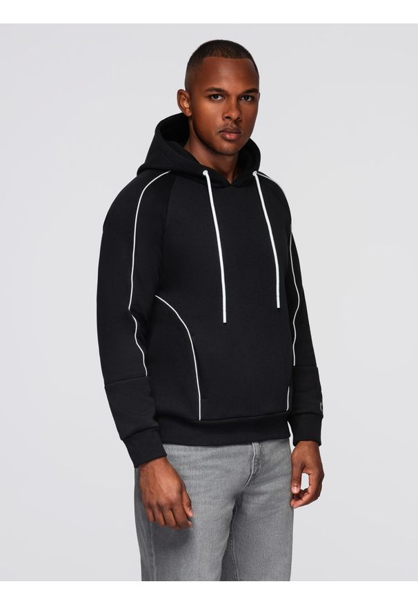 Ombre Clothing - Bluza męska z kontrastowymi przeszyciami i kapturem – czarna V1 - Rozmiar: L. Okazja: na co dzień. Kolor: czarny. Materiał: dzianina, bawełna, poliester. Wzór: aplikacja. Styl: klasyczny, casual, elegancki, sportowy