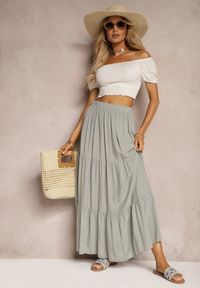 Renee - Szara Wiskozowa Spódnica High Waist z Gumką w Talii i Falbanką Christiara. Stan: podwyższony. Kolor: szary. Materiał: wiskoza. Sezon: lato