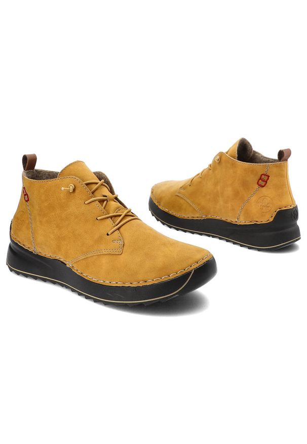 Żółte Botki Rieker Ocieplane Buty Damskie. Okazja: na co dzień, na spacer. Kolor: żółty. Materiał: materiał, syntetyk. Szerokość cholewki: normalna. Sezon: jesień, zima. Styl: casual