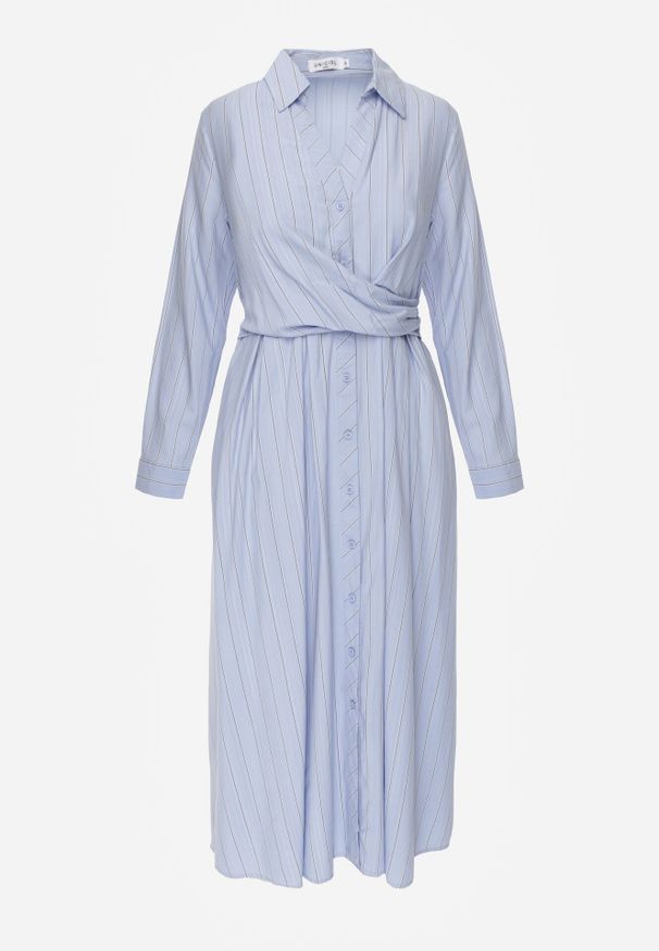 Born2be - Niebieska Koszulowa Sukienka z Wiskozy z Ozdobnym Marszczeniem w Talii Batena. Okazja: na co dzień, na spotkanie biznesowe, do pracy. Kolor: niebieski. Materiał: wiskoza. Typ sukienki: koszulowe. Styl: casual, biznesowy, elegancki, klasyczny