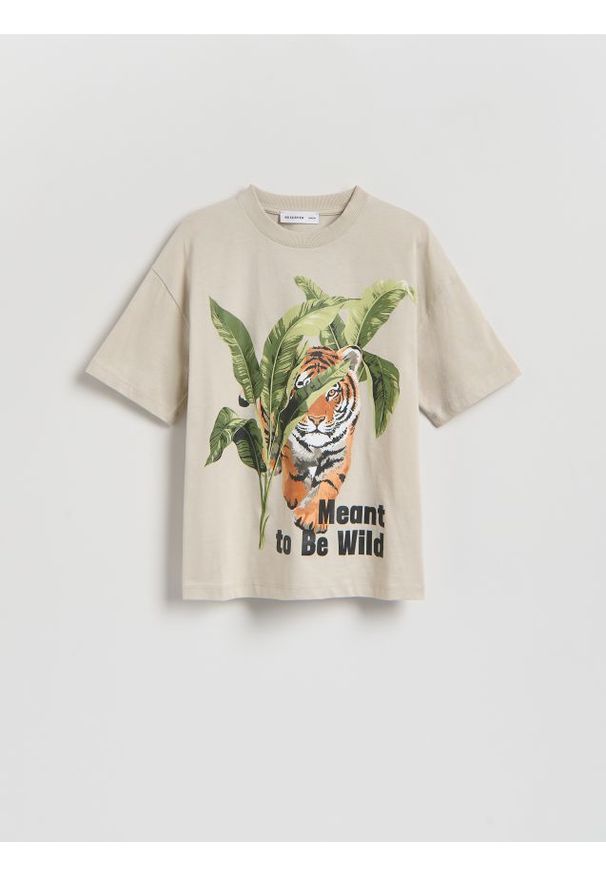Reserved - Bawełniany t-shirt z nadrukiem - beżowy. Kolor: beżowy. Materiał: bawełna. Wzór: nadruk