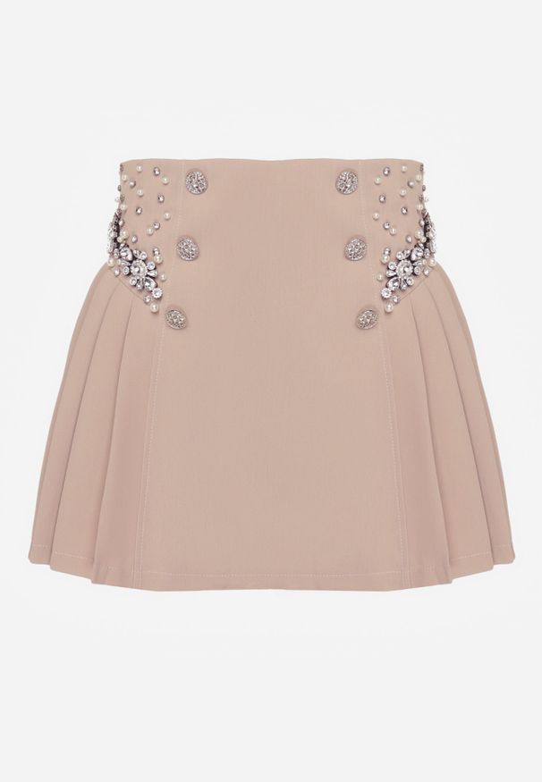 Renee - Beżowe Szorty Spódnica Ozdobione Guzikami Perłami i Cyrkoniami Zapinane na Ukryty Suwak Pelilla. Kolor: beżowy. Wzór: aplikacja