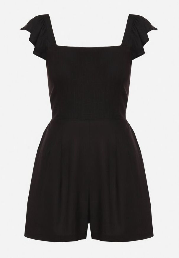 Born2be - Czarny Kombinezon Bawełniany na Ramiączkach z Falbanką i Krótkimi Nogawkami Liadia. Kolor: czarny. Materiał: bawełna. Długość rękawa: na ramiączkach. Długość: krótkie. Styl: klasyczny