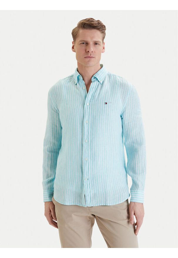 TOMMY HILFIGER - Tommy Hilfiger Koszula Bengal MW0MW42400 Turkusowy Regular Fit. Kolor: turkusowy. Materiał: len