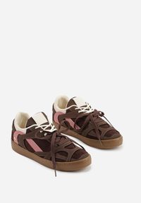 Renee - Brązowe Sneakersy Kultowe Tenisówki z Podwójnymi Sznurówkami Luvitta. Okazja: na co dzień, na spacer. Kolor: brązowy. Materiał: satyna, skóra. Sport: bieganie, turystyka piesza #3