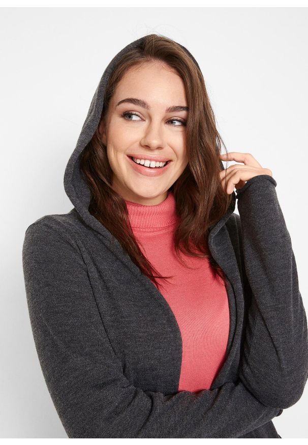 bonprix - Długi sweter bez zapięcia z kapturem. Typ kołnierza: kaptur. Kolor: szary. Długość: długie