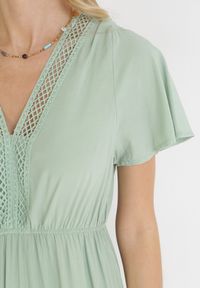 Born2be - Miętowa Sukienka Maxi z Gumką w Pasie i Koronkowymi Wstawkami Anandia. Kolor: miętowy. Materiał: koronka. Wzór: aplikacja. Długość: maxi #2