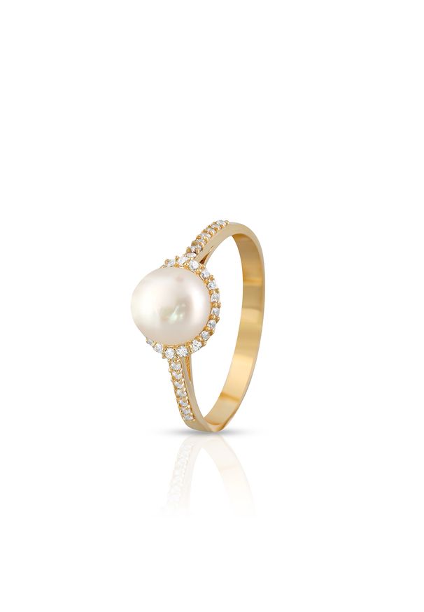 W.KRUK - Pierścionek złoty perła z cyrkoniami. Materiał: złote. Kolor: złoty. Wzór: aplikacja. Kamień szlachetny: perła, cyrkonia