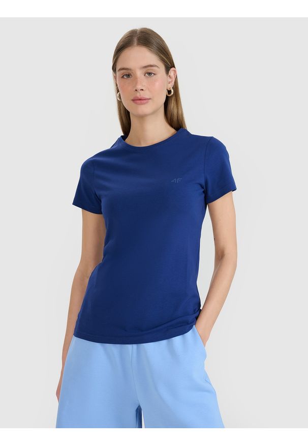 4f - 4F T-shirt slim gładki damski - granatowy M. Okazja: na co dzień. Kolor: niebieski. Materiał: dzianina, bawełna, jersey, materiał, elastan. Długość rękawa: krótki rękaw. Długość: krótkie. Wzór: gładki. Sezon: lato. Styl: klasyczny, sportowy, casual