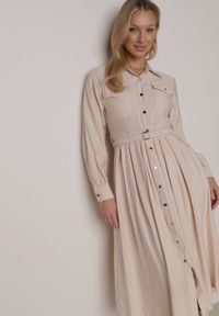 Born2be - Beżowa Wiskozowa Sukienka Koszulowa z Paskiem Andranassa. Okazja: na co dzień. Kolor: beżowy. Materiał: wiskoza. Wzór: aplikacja. Typ sukienki: koszulowe. Styl: casual, elegancki #5
