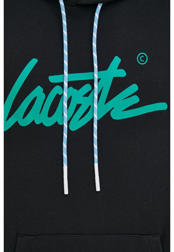 Lacoste bluza bawełniana męska kolor czarny z kapturem z nadrukiem. Typ kołnierza: kaptur. Kolor: czarny. Materiał: bawełna. Wzór: nadruk